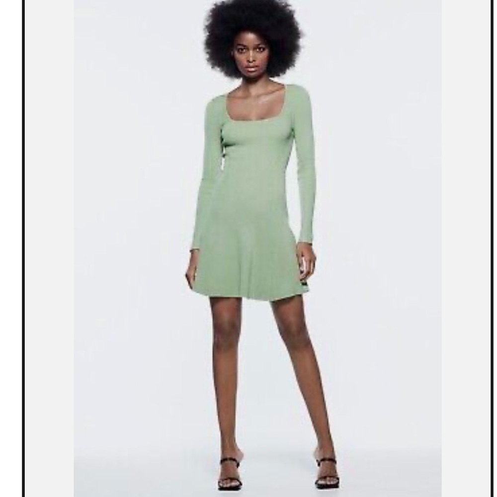 Zara Rib Knit Long Sleeve Mini Dress Green Women’s Size small REF: 3390/008